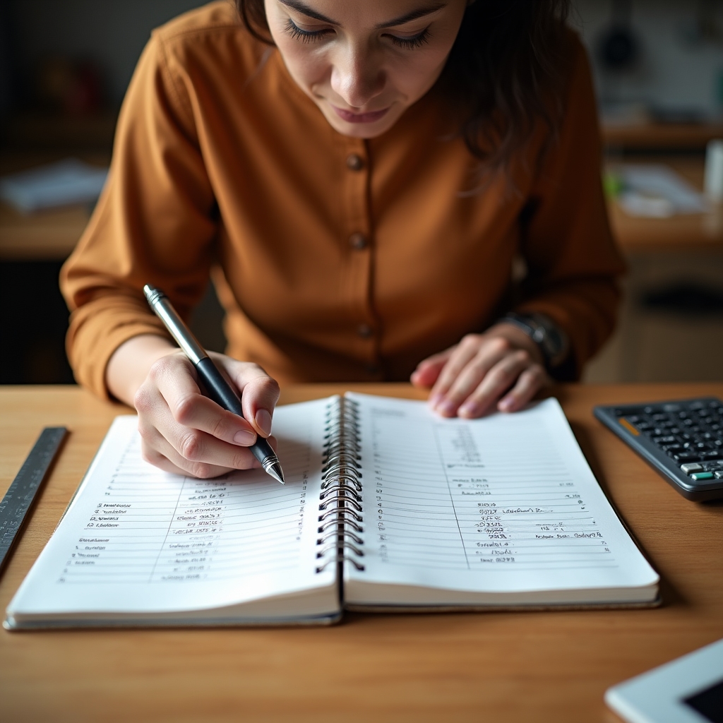Workshop participant working through finance separation exercises with notebook and calculator