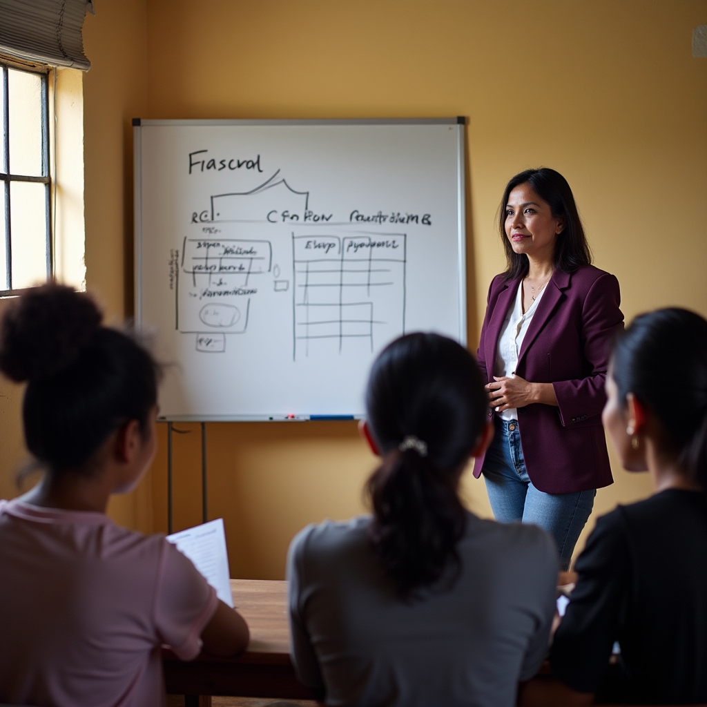 Financial educator presenting fiscal formalization concepts on a whiteboard to a small group of attentive women entrepreneurs