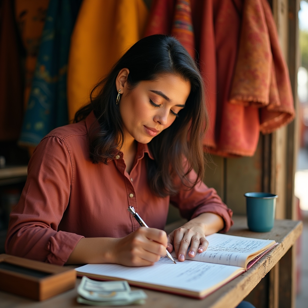 Entrepreneur recording daily income and expenses in a handwritten ledger notebook at her market stall
