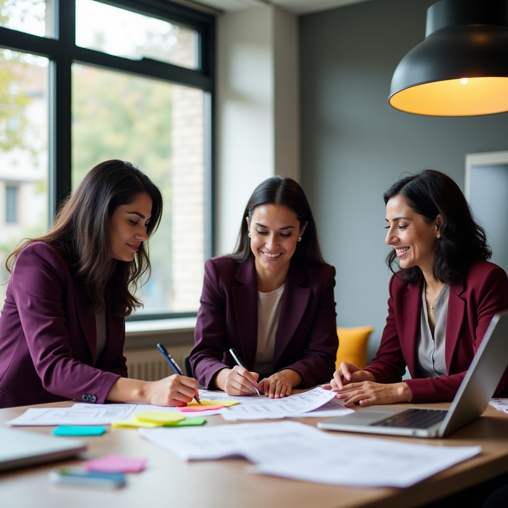 Workshop team members collaborating during a planning session reviewing educational materials